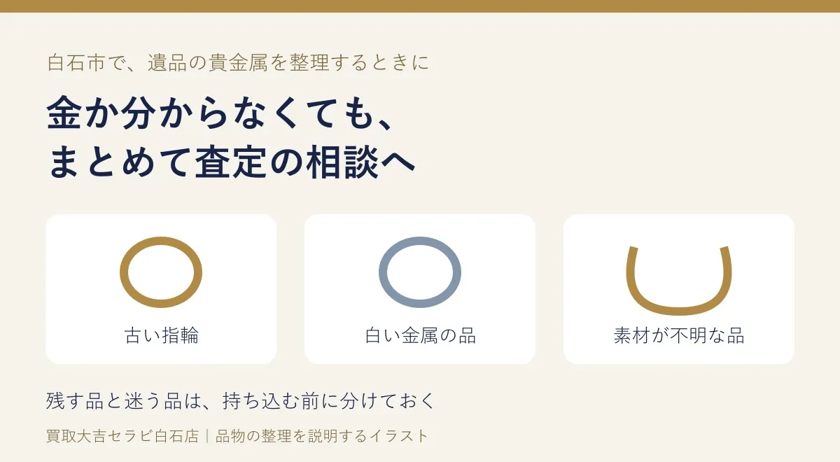 白石市で遺品の貴金属をまとめて査定へ｜金か分からないアクセサリーの持ち込み準備
